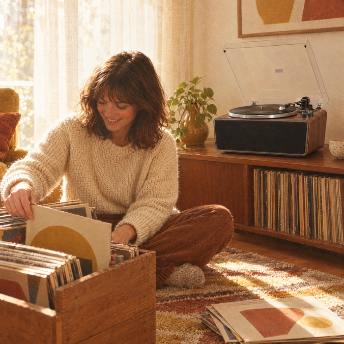 Femme qui choisit un vinyle