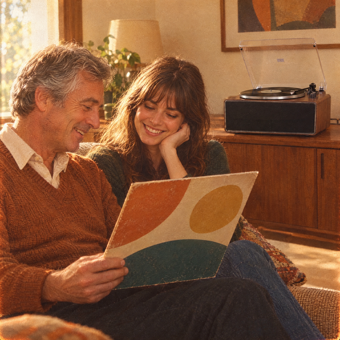 Père et fille qui regardent un vieux disque