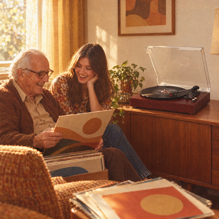 Grand-père et petite-fille qui découvrent ses vinyles