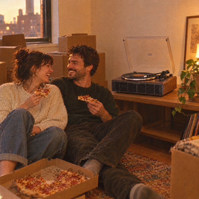Jeune couple dans son nouvel appartement avec la platine L'Ouverture